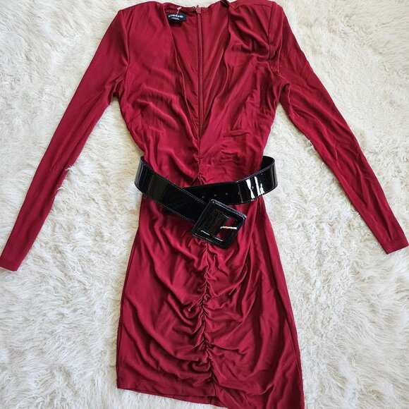 Bebe Women's Burgundy Bodycon Rachel Deep Leather Belted Dress XS - Picture 2 of 12